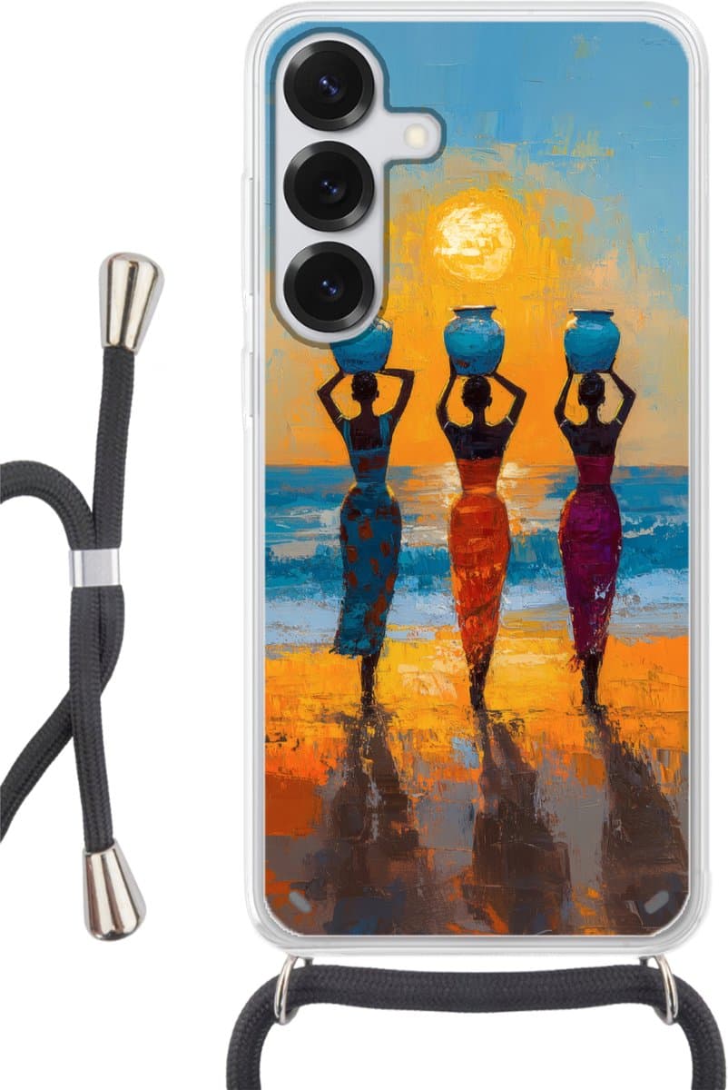 Telefoonhoesje Geschikt voor Samsung Galaxy S25 - Vrouwen - Strand - Zondsondergang - Siliconen - Crossbody - Backcover met Koord - Telefoonhoesje met koord - Hoesje met touw Telefoonhoesje