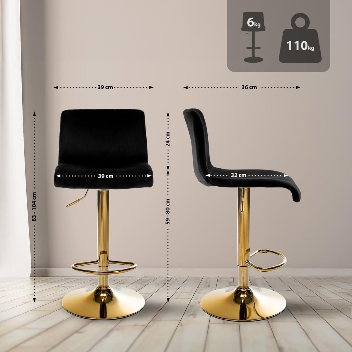 CLP Barkruk Hover - met rugleuning - verstelbaar - draaibar - metalen frame - fluweel - goud/zwart