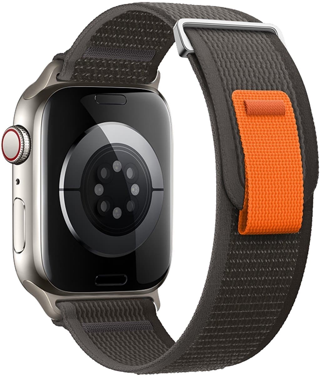 Nylon bandje - geschikt voor Apple Watch series 1/2/3/4/5/6/7/8/9/10/11/ SE (1,2,3) / Ultra (1,2,3) met maat 44 mm / 45 mm / 46 mm / 49 mm - klittenband - antraciet