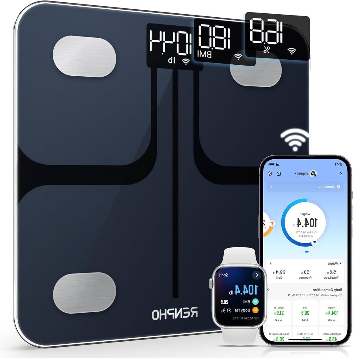 Wifi-lichaamsvetweegschaal voor lichaamsgewicht en BMI-monitor met Bluetooth , fitnesstrack en smartphone-app , zwart