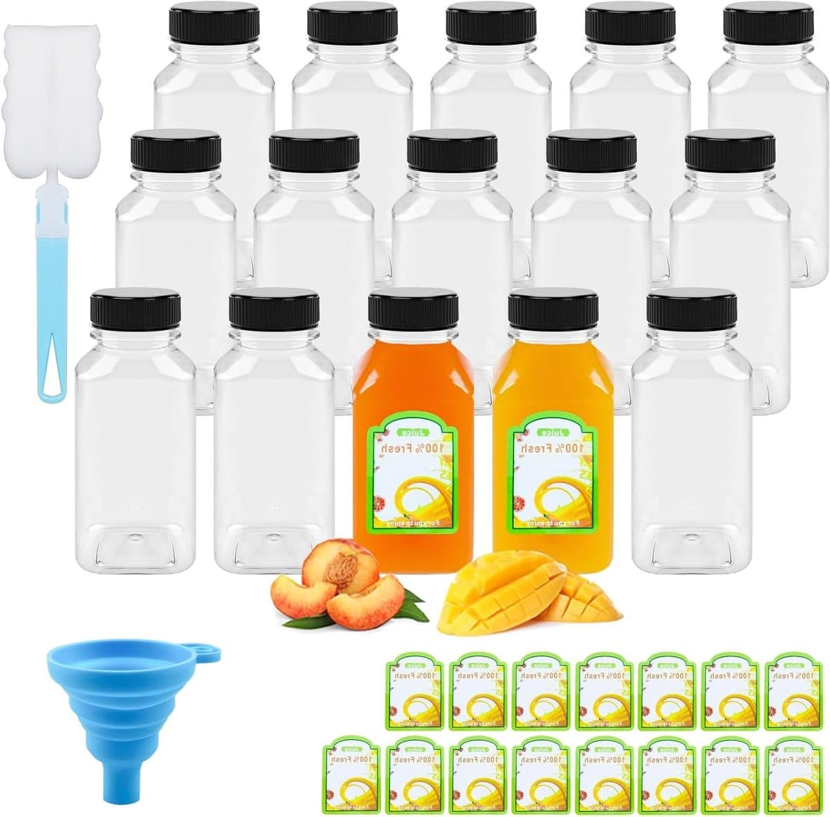 Set van 15 herbruikbare 250ml sapflessen met deksels, trechter, borstels en etiketten voor het bewaren van dranken en sap in de koelkast