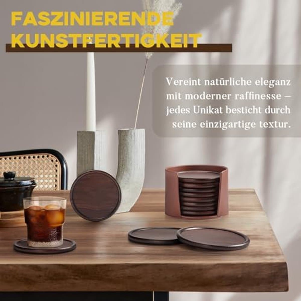 GOH DODD Houten drankonderzetters met leren houder, 10,2 cm, 8 stuks, houten onderzetters, mokkenonderzetters, decoratie voor bar, keuken, thuis, woning, walnoothout