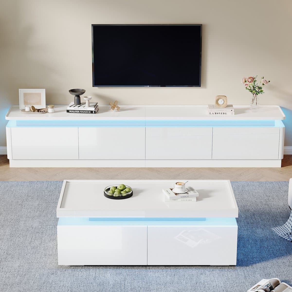 TV-Meubel - 180x40x45 cm - Hoogglans TV-Kast Met LED + 4 Laden - Geschikt Voor 75-Inch TV - MDF - Wit