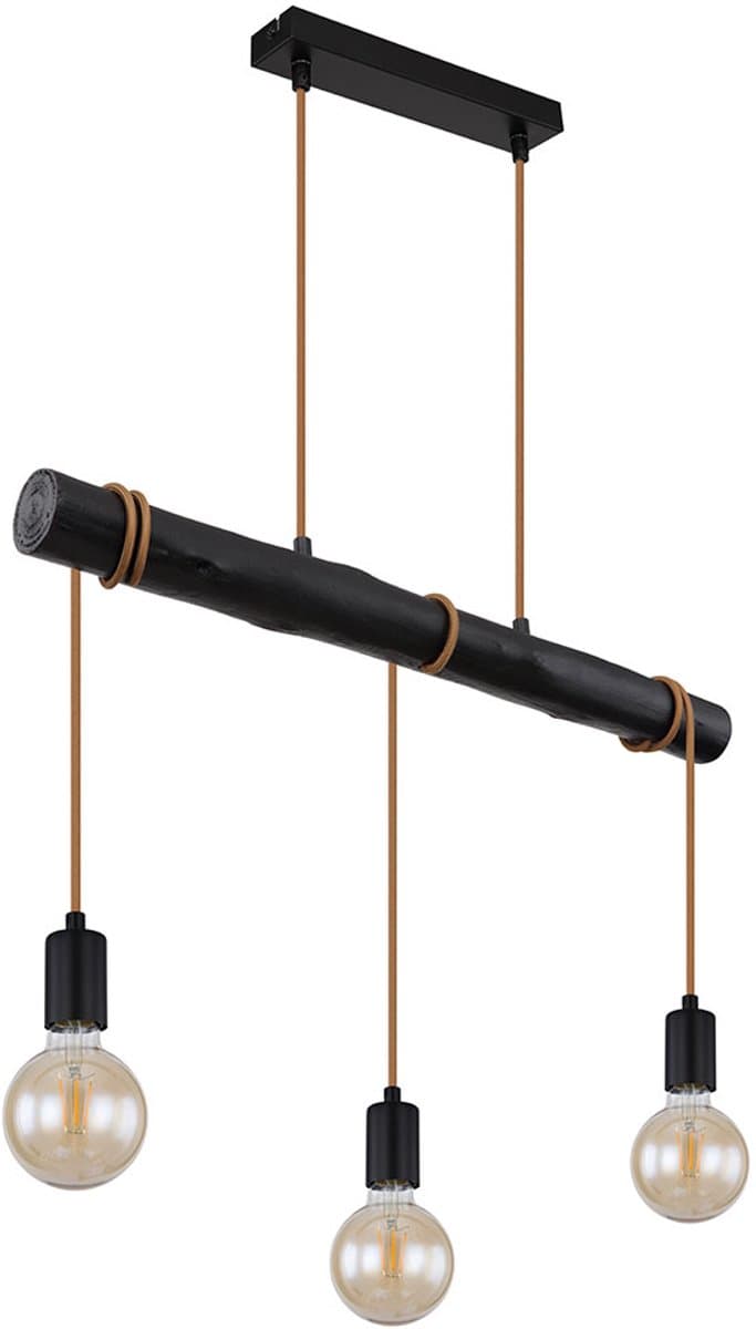 Hanglamp eettafel hanglamp zwart woonkamerlamp modern, houten lamp 3-lichts touw in hoogte verstelbaar, metaal, 3x E27 fitting, LxBxH 60x5x120 cm