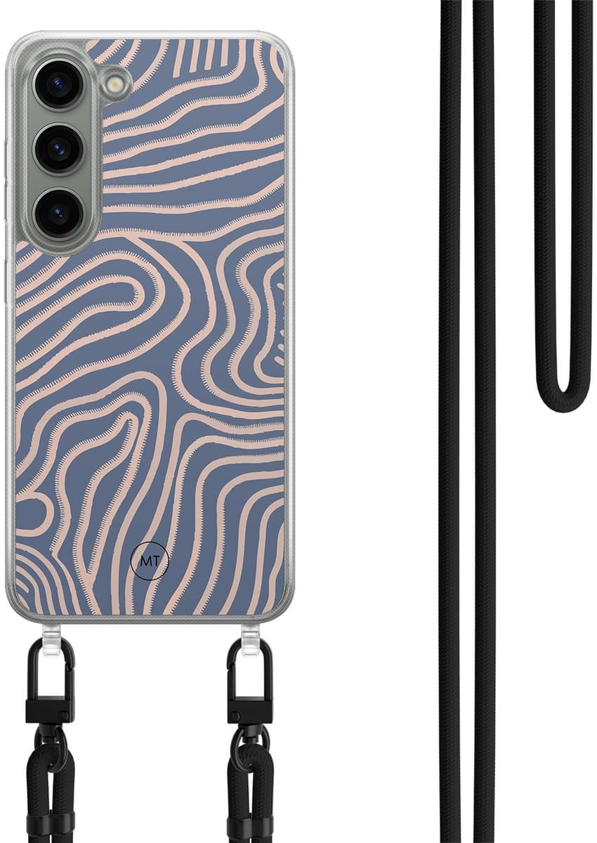 Hoesje met koord geschikt voor Samsung Galaxy S23 - Flowing lines - Inclusief Zwart koord - Crossbody beschermhoes - Transparant, Paars - Mooie Telefoonhoesjes