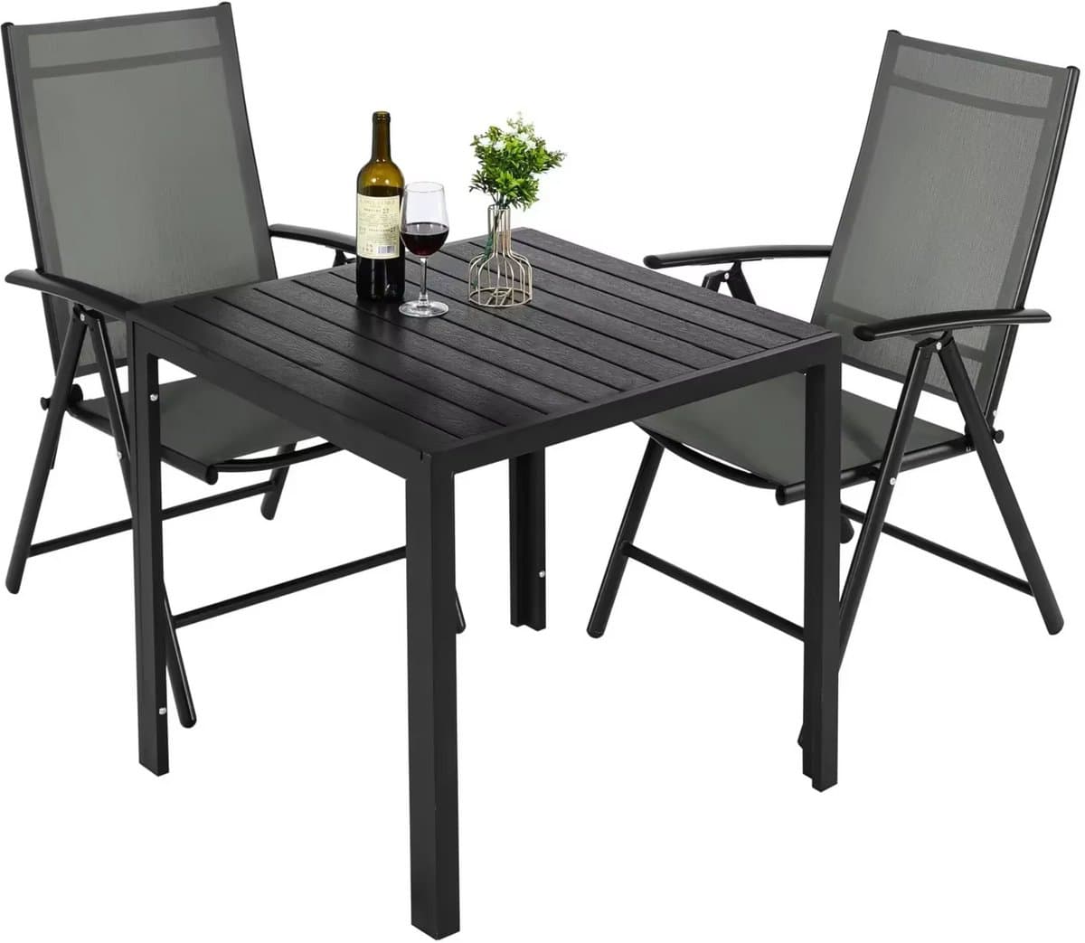 Tuinset met tuinstoelen - Tuintafel - 4 personns - Balkonset - 5-delige tuinemubelen - Aluminium - Zwart - Klapstoelen