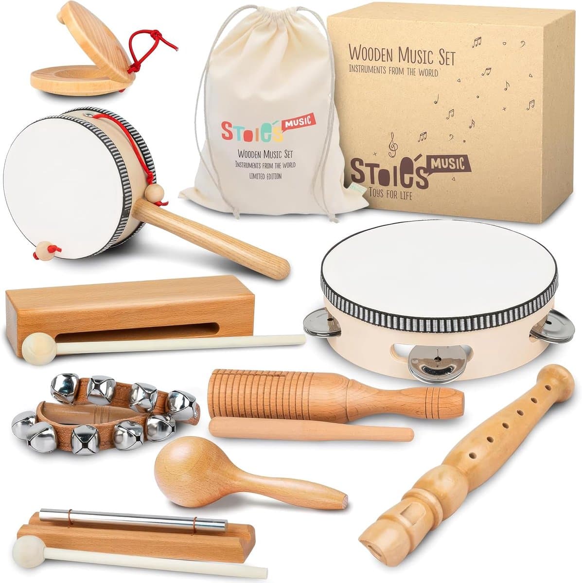 MELVRA Muziekinstrumenten Set - Houten Speelgoed - 18-delig - Educatief Percussie - Peuters & Kleuters - Inclusief Draagtas