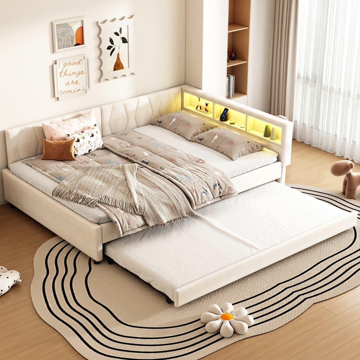 HAUSS SPOLE Dagbed 140x200cm - Slaapbank met Lattenbodem - Uittrekbaar met Opbergruimte & USB/Type-C Oplaadpunt en LED Sfeerverlichting - Linnen/MDF - Beige - Zonder matras