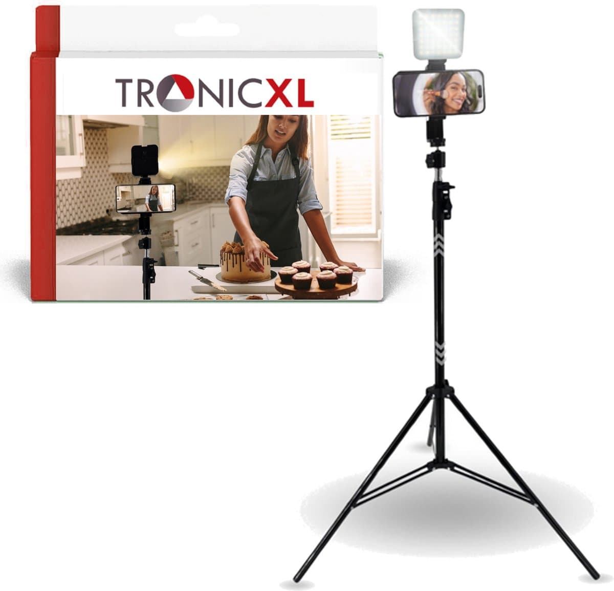 TronicXL Set 4-delig - 210cm Tripod + Smartphone houder + LED Lamp + Kogelkop 360° draaibaar - Statief voor Foto en Video Livestreaming - Universeel 7 tot 10 inch