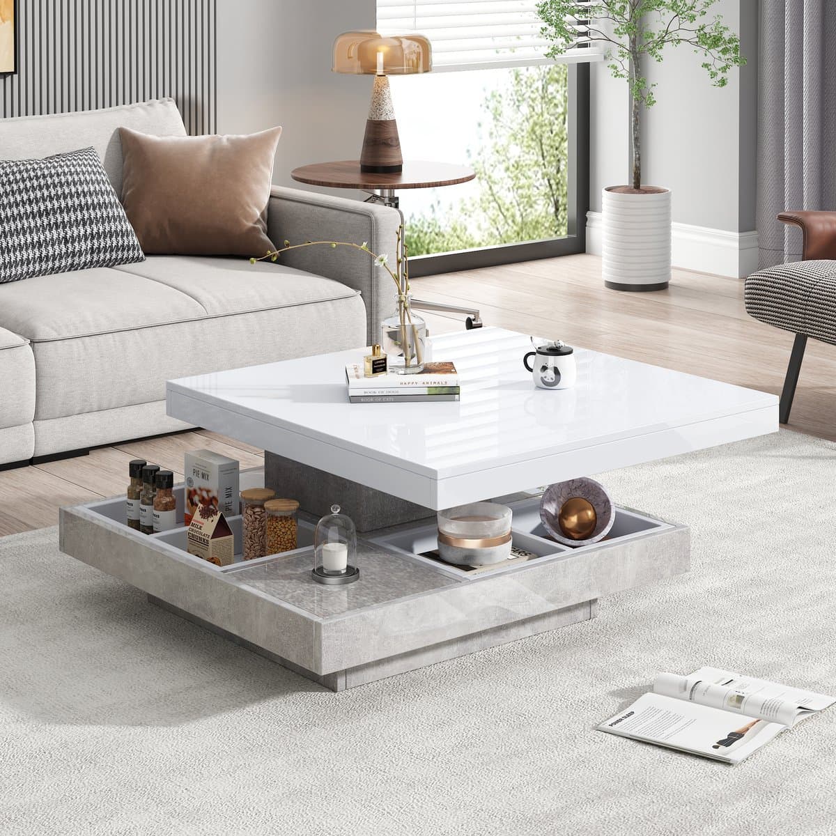 HAUSS SPOLE Salontafels - Salontafel Vierkant Met 360° Draaibare Tafelplaat - Dubbele Opberglaag - 70x70x36 cm - Spaanplaat - Wit