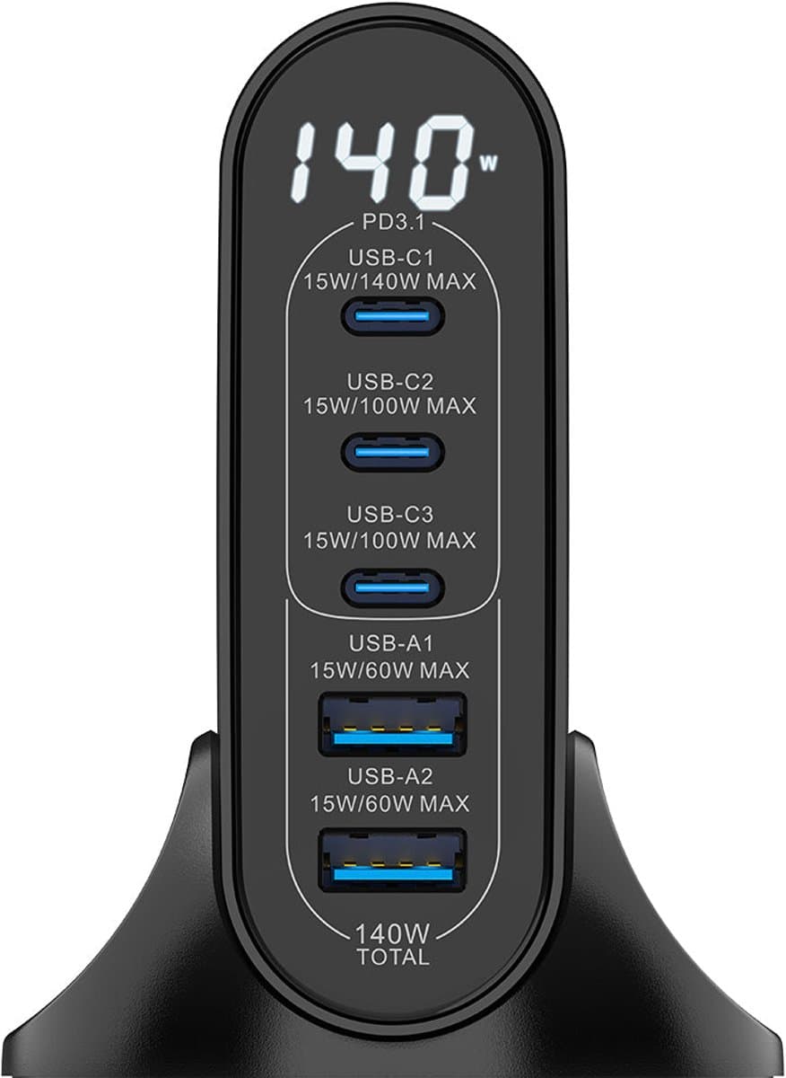 Rixus RX140 GaN Power Adapter With Digital Display 140W Black
