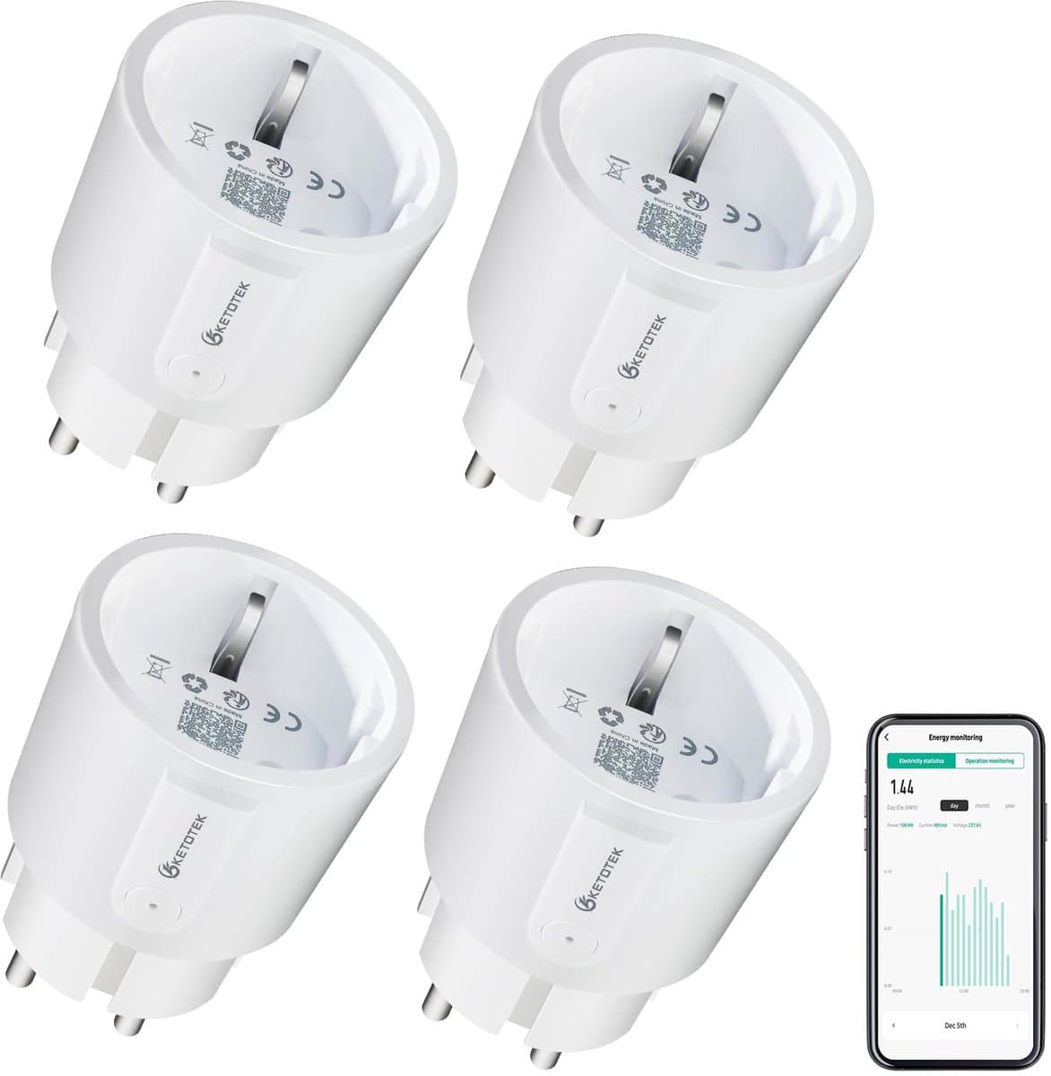 Slimme WiFi Stekker met Energiemonitoring en Stembesturing - 4 Stuks