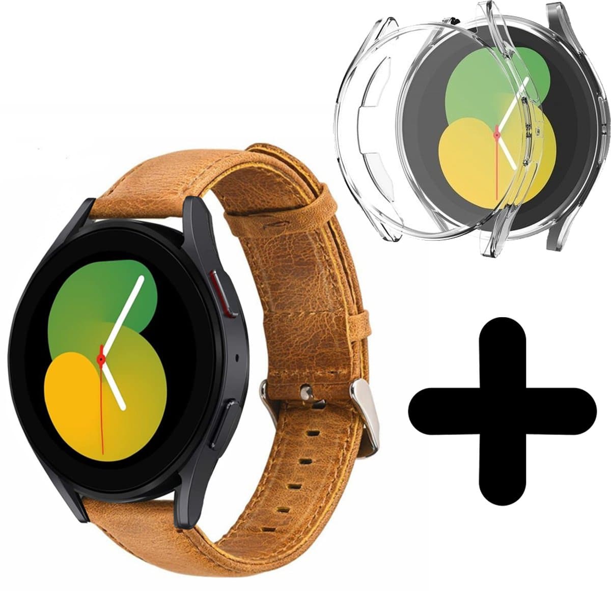 Strap-it bandje geschikt voor Geschikt voor Samsung Galaxy Watch 5 - 40mm leren bandje (bruin) - Band leer Galaxy Watch 5 40 mm - Incl. screenprotector case bescherming - Hoesje beschermhoes beschermer - Transparant full cover hardcase