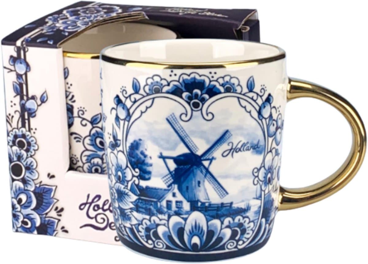 Mokken - Set van 2 - 250 ml - Mokken Delfts blauw - Molen - Holland souvenir - Hollandse cadeautjes