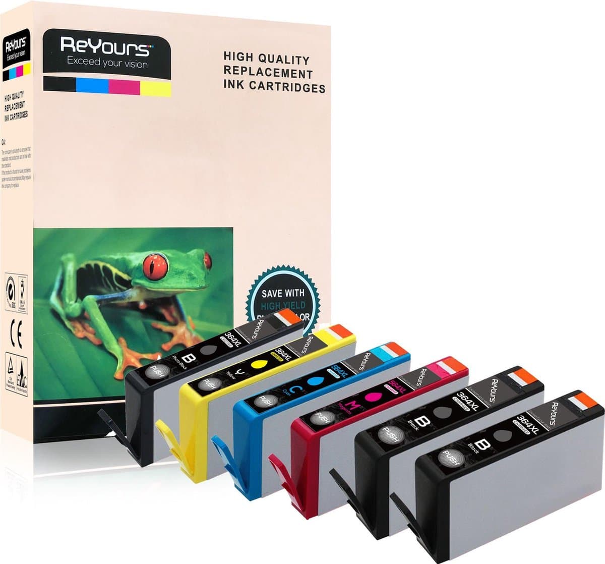 HP 364 XL 364XL Compatible Inktcartridge 6-pack 2 Zwart, 1 photo Zwart (PBK), 1 Cyaan / Magenta / Geel, met chip inktniveau weergeven