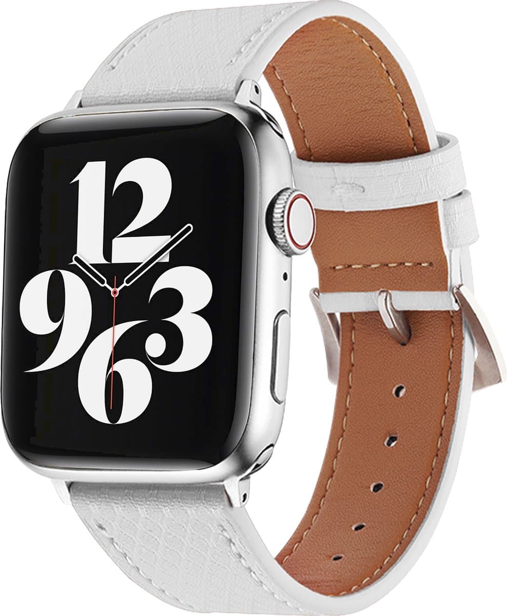 MY PROTECT - Leren Bandje Geschikt Voor Apple Watch 42mm - 44mm - 45mm - 49mm - Pastel Wit
