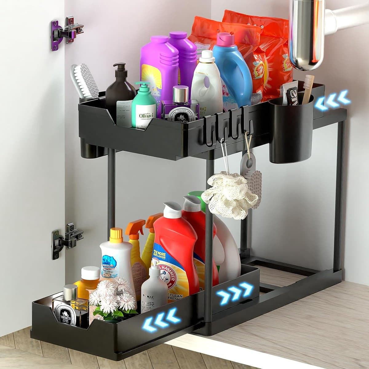 Lux- Keukenkast organizer-Uitschuifbaar- 2 schuiflades Keukenkast - Gootsteenkast Organizer - Aanrecht Organizer – Keuken Organizers - Kast Organizer - Zwart - Under sink Organizer - Keukenrek - Badkamer Organizer