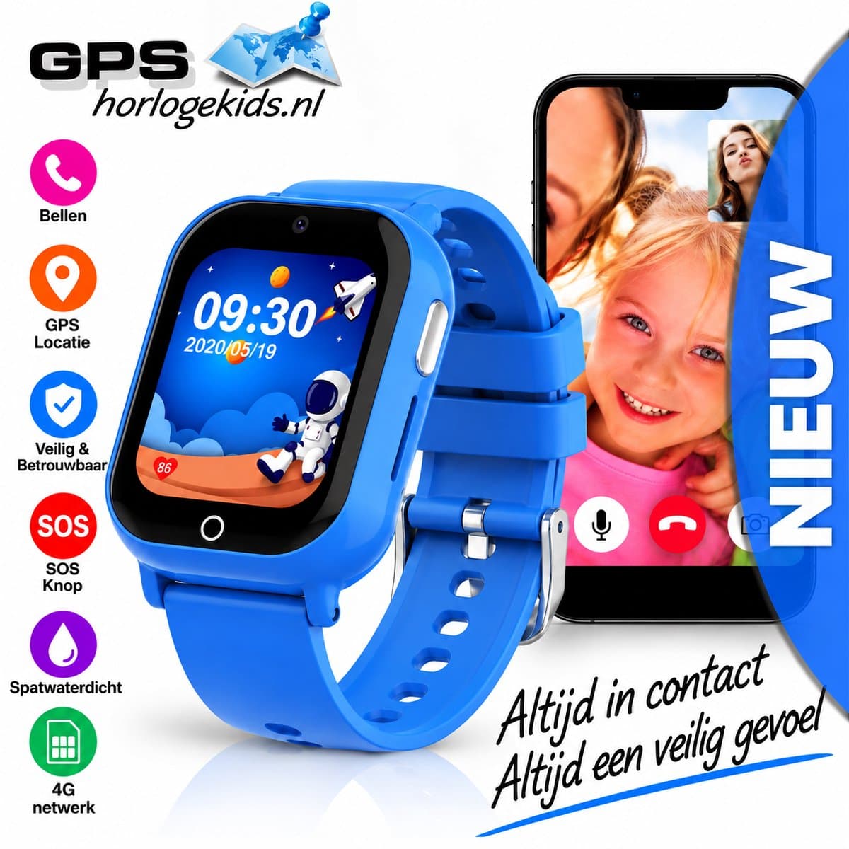 GPSHorlogeKids© - smartwatch kinderen - GPS horloge kind – kleinste model 2025 – kinder smartwatch - 4G videobellen - spatwaterdicht - SOS alarm - incl. SIM - PAX Blauw