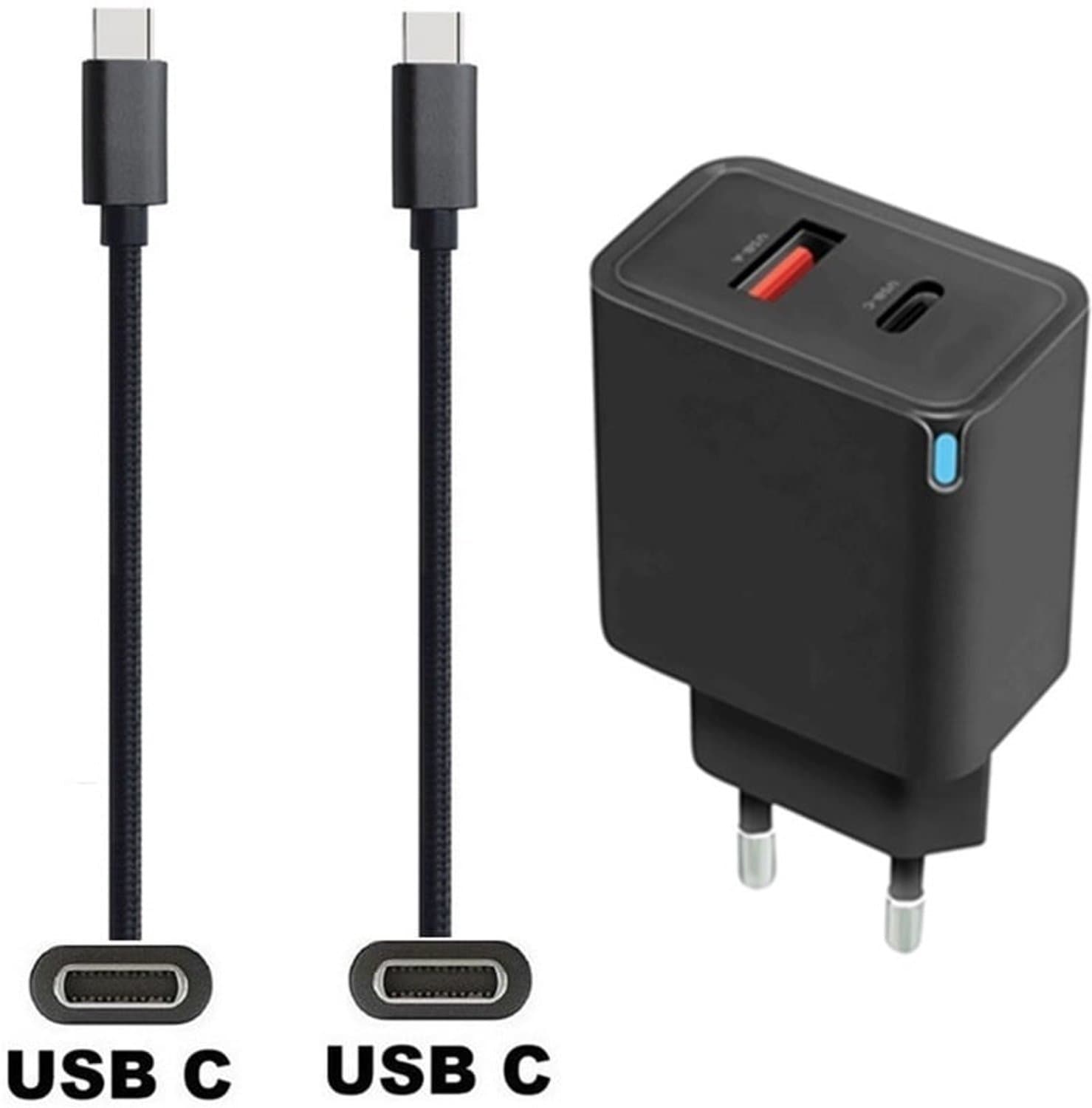 OneOne 30W super snellader met 2 poorten en screenprotector van glas voor iPhone 16 Plus. Oplader met sterke 2,0m USB C naar C kabel. Krachtige zwarte PD PPS lader adapter. Screenprotector past op Apple iPhone 16 Plus