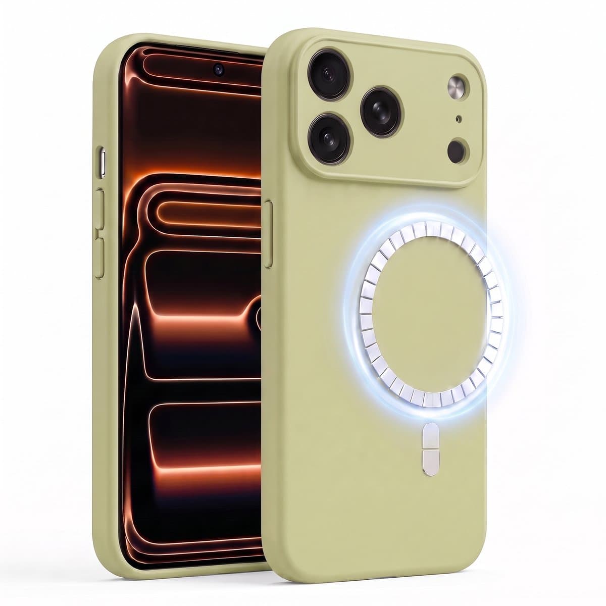 Hoesje geschikt voor Apple iPhone 17 Pro - Hoesje geschikt voor Magsafe - Draadloos opladen - Gehard Glas - Salie Groen
