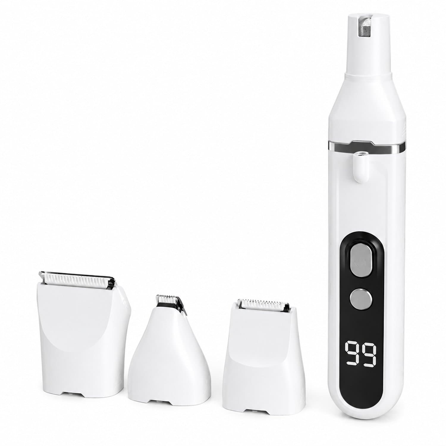 Elektrische nagelknipper voor huisdieren - 4-in-1 tondeuse en nagelverzorging - 4 snijkoppen - oplaadbaar - wit - Engelstalige kleurendoos