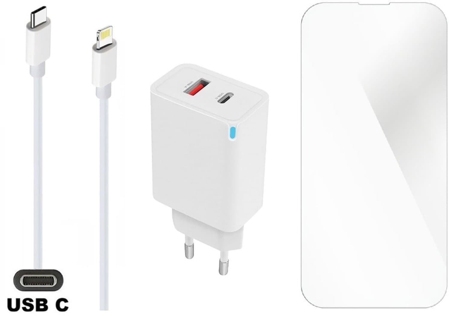 45W super snellader met 2 poorten en screenprotector + 2,0m USB C naar Lightning kabel. PD lader. Universele oplader adapter. Glazen screenprotector past op Apple iPhone 14 Pro