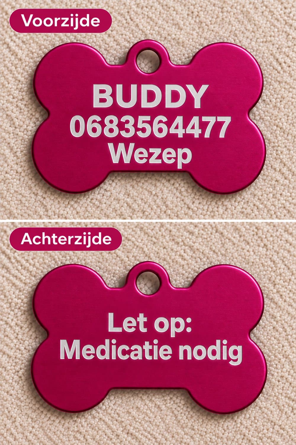 Bot - Gepersonaliseerde Gegraveerde Hondenpenning - Geanodiseerd Aluminium - Donkerroze