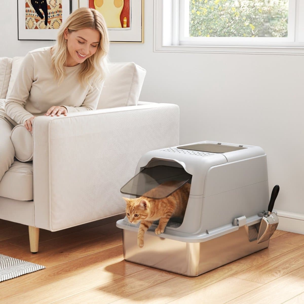 COVREO Kattenbak 60,4 x 40,4 x 41,8 cm lichtgrijs staal, met deksel