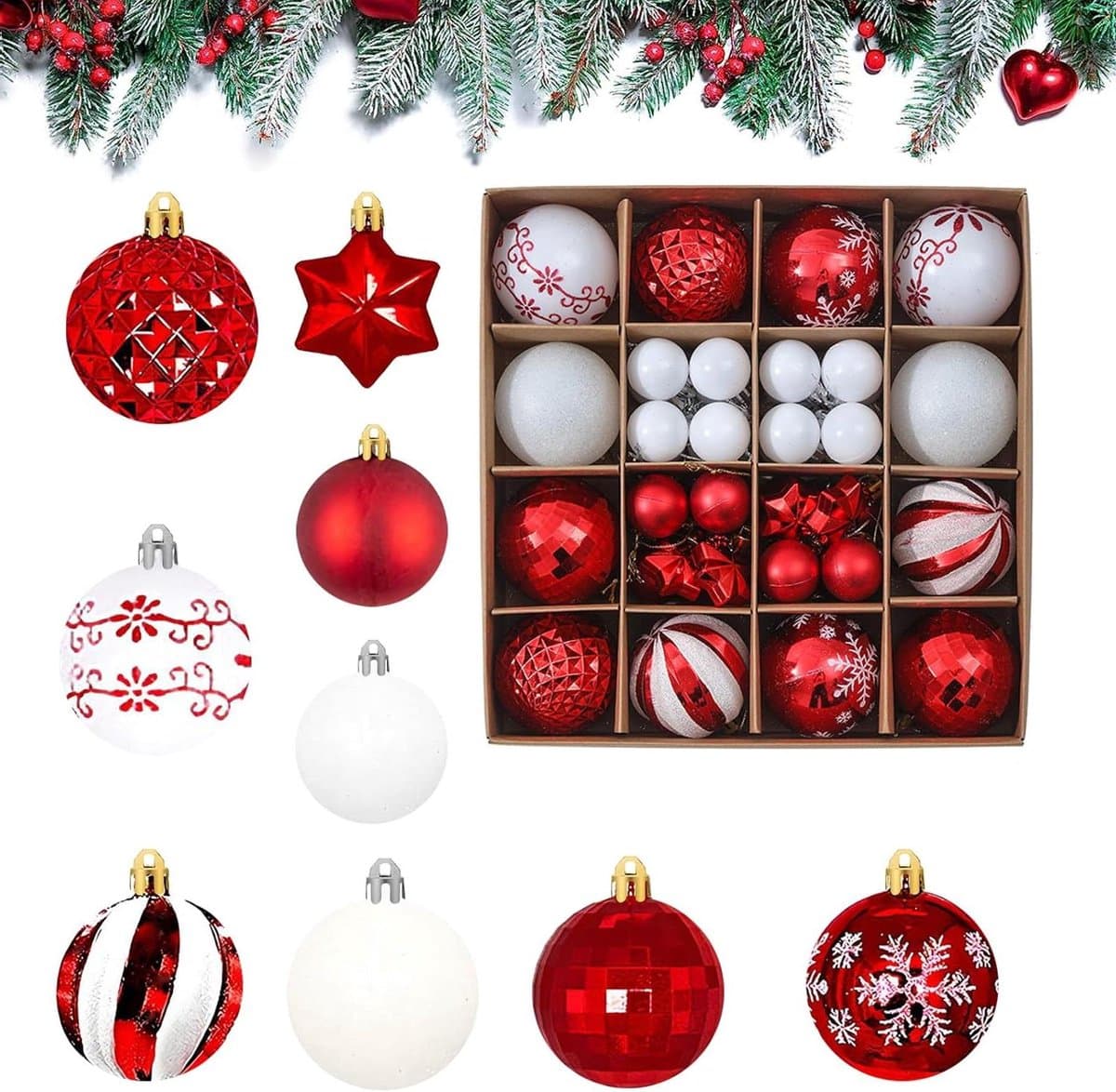 Kerstballen Set - Decoratieve Ballen - Kerstboom Versieren - Onbreekbaar Kunststof - 44 Stuks - Rood Wit