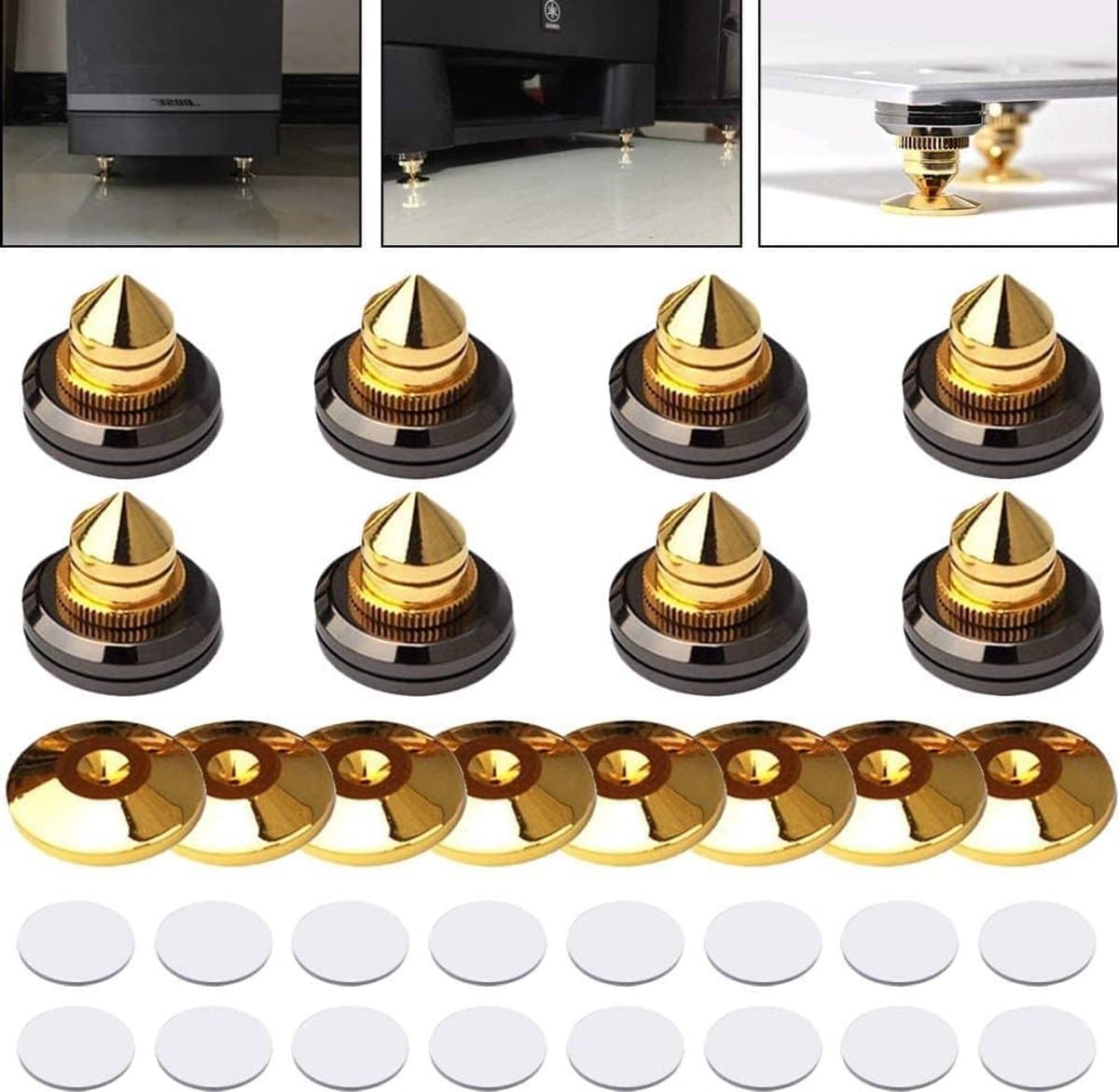 Set van 8 Gouden Speaker Spikes voor Geluidsinstallaties, Subwoofers en Turntables - Schokbestendige Isolatievoeten van Massief Messing voor Verbeterde Geluidskwaliteit