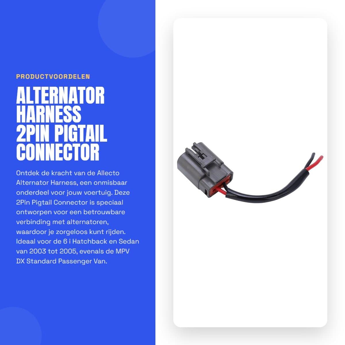 Dailygoods- Dynamo Harnas 2Pin Connector - Vervanging voor 6 i Hatchback/Sedan - ABS Materiaal - Slag- en Krasbestendig - Hoge Temperatuur/Vochtbestendig - Kabelboom