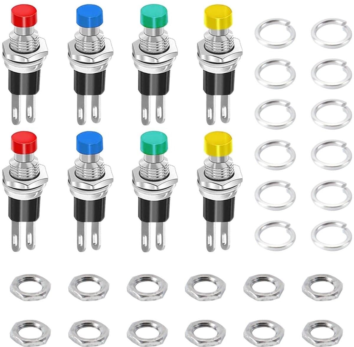 Dailygoods - Mini-drukknopschakelaars - 2-polig - Zelfrestellend en veilig - 4 kleuren - Startschakelaar - Geschikt voor klussen en gereedschap