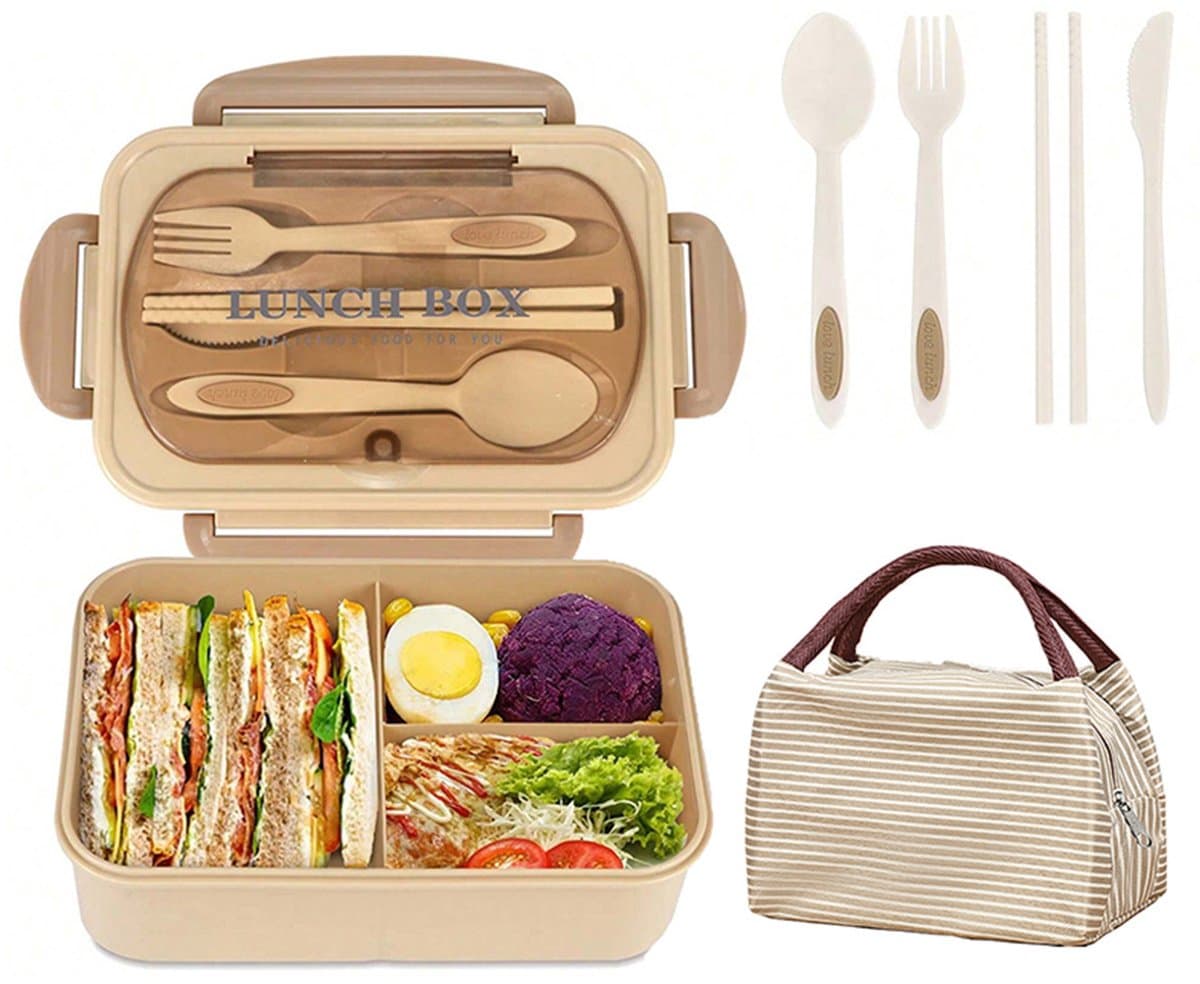 COOAU - Lunchbox Set - Bento box voor volwassenen - 1200 ml lunchcontainer - Lekvrije lunchbox met bestek - BPA-vrij - 3-vaks bentobox - Magnetronbestendig - Voor Werk, School, Picnic - Khaki