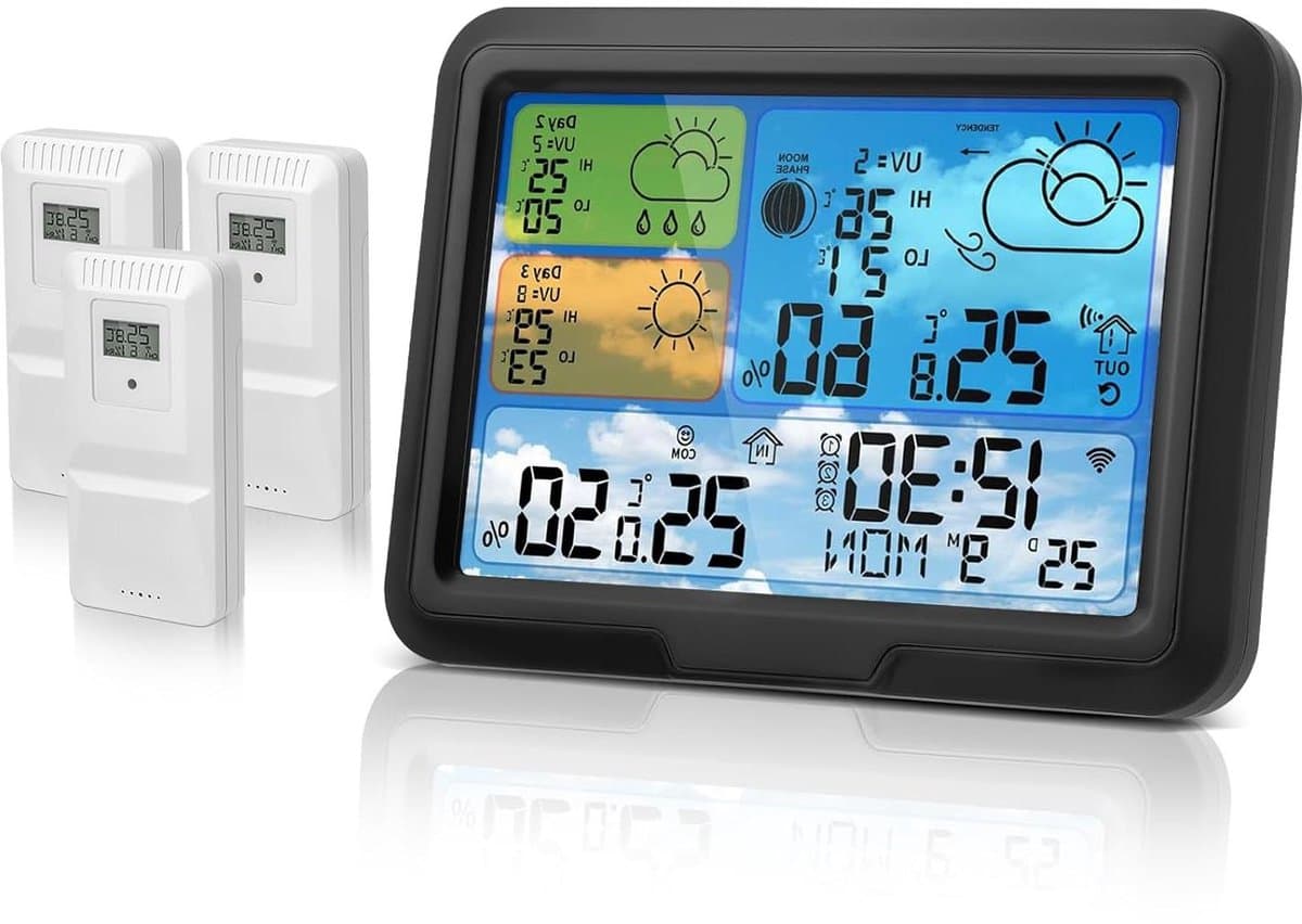 Weerstation met sensoren - Digitale thermometer - Weer monitoren - Wifi verbinding app - 3 buitensensoren - Kleurendisplay