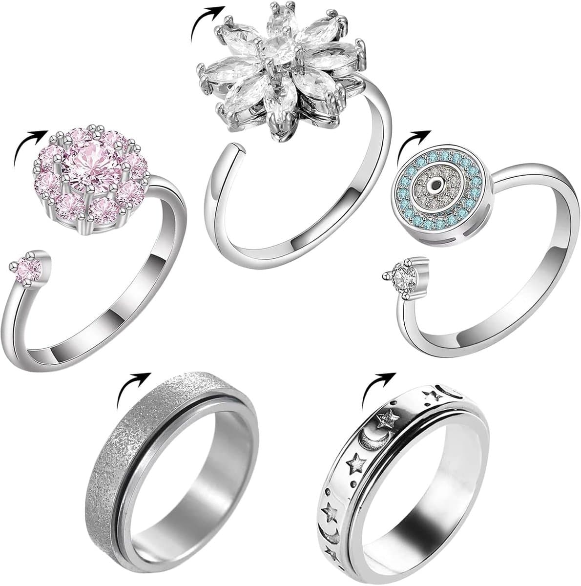 Anti-stress-ring 5 stuks - draaibare zilveren ringen - verstelbaar - perfect voor ontspanning - ShopVlot