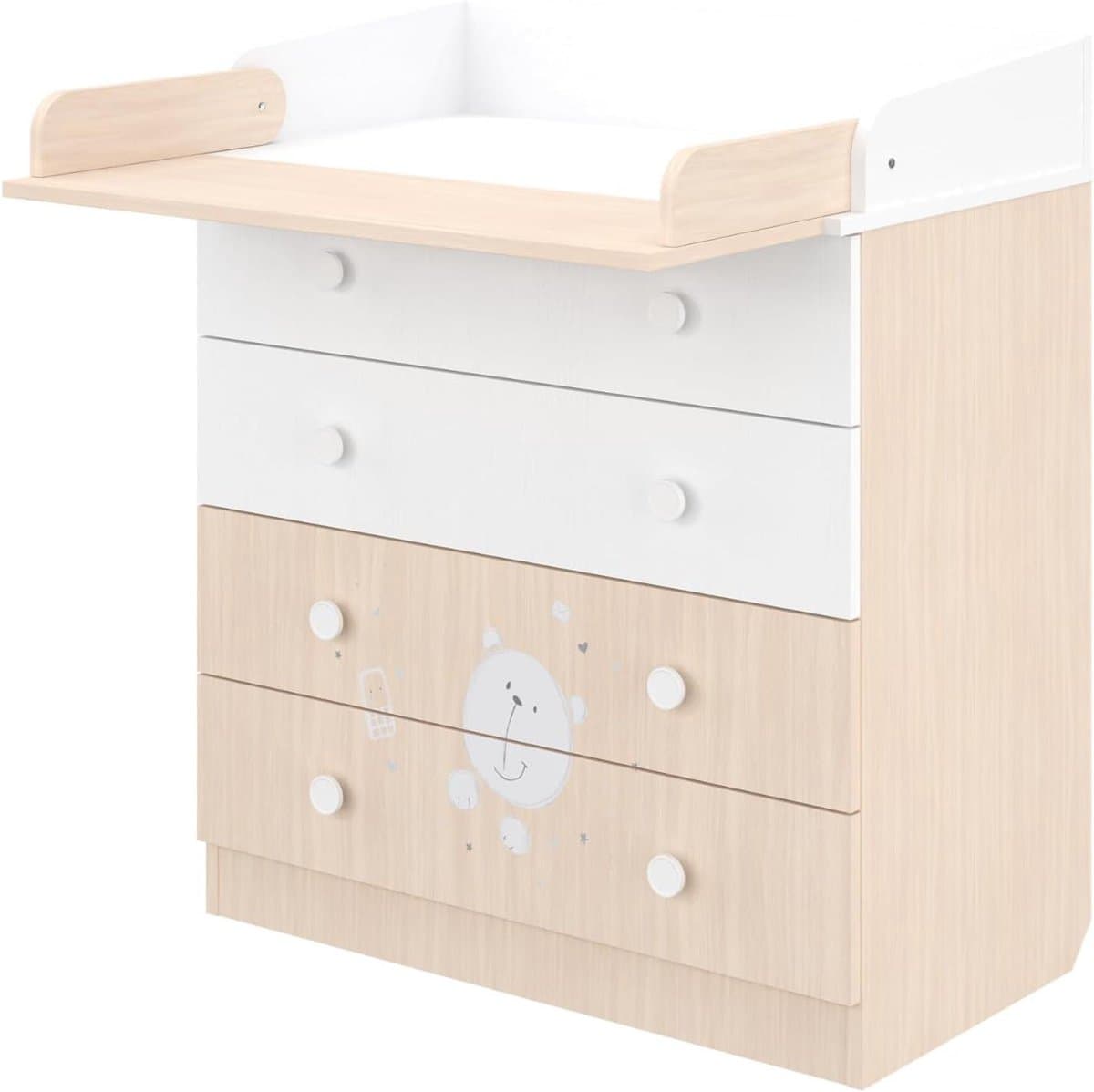 Babycommode - Commode met lades - Baby verzorgen - Opklapbare verschoonplank - 80 cm breed - Wit Pastel Eiken