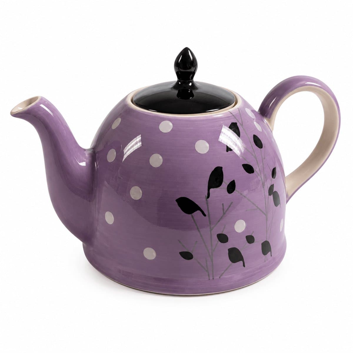 Theepot Viola 1900 ml – handgeschilderde keramieken theepot met paarse kleur en bladmotief