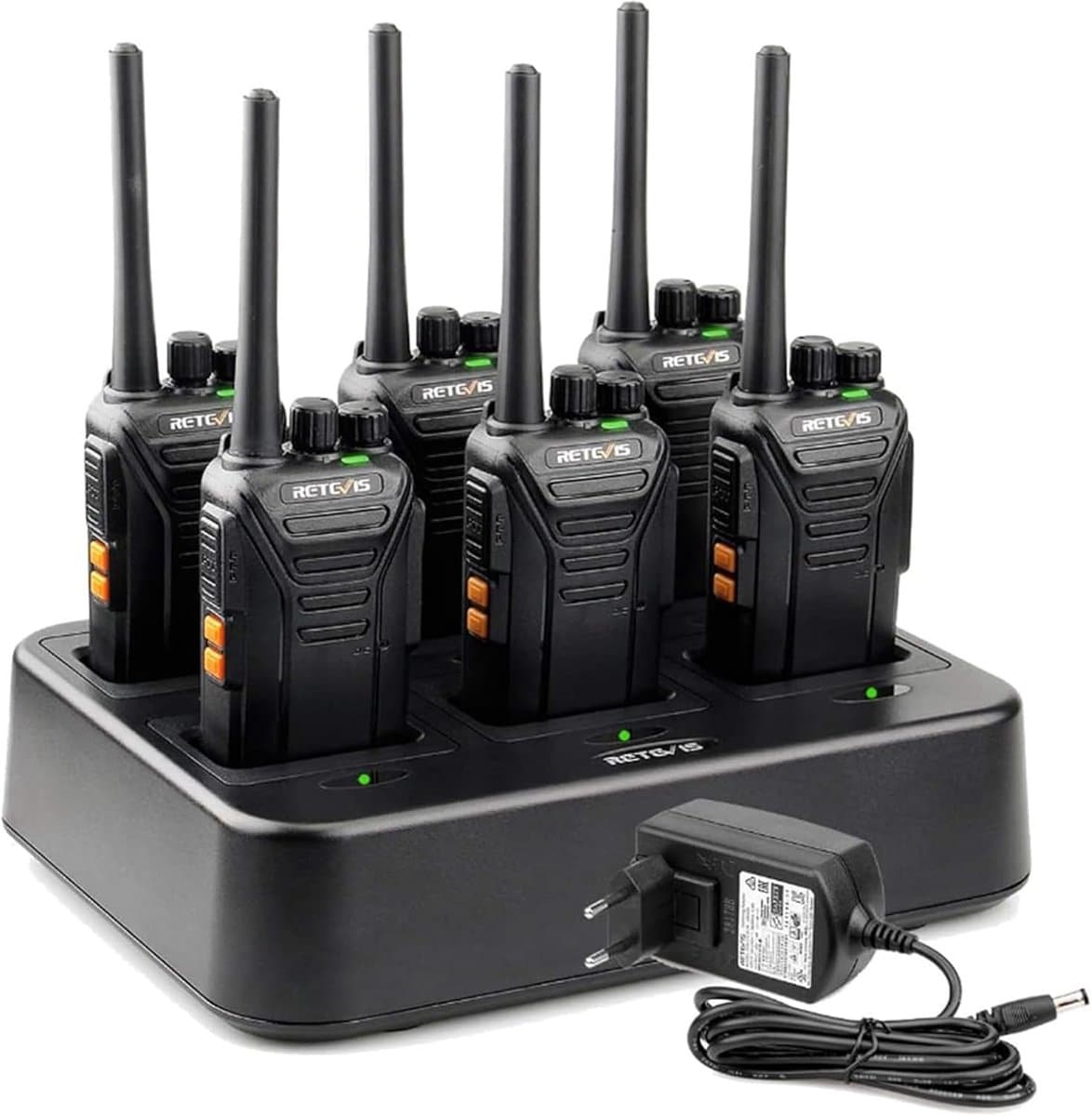 Retevis RT27 Walkie Talkie met 6-weg Lader-PMR446 Professionele Vergunningsvrije Portofoon-16 Kanalen CTCSS/DCS VOX-Walkie-talkie voor Scholen-Grote bedrijven of Evenementen(6 Stuks, Zwart)