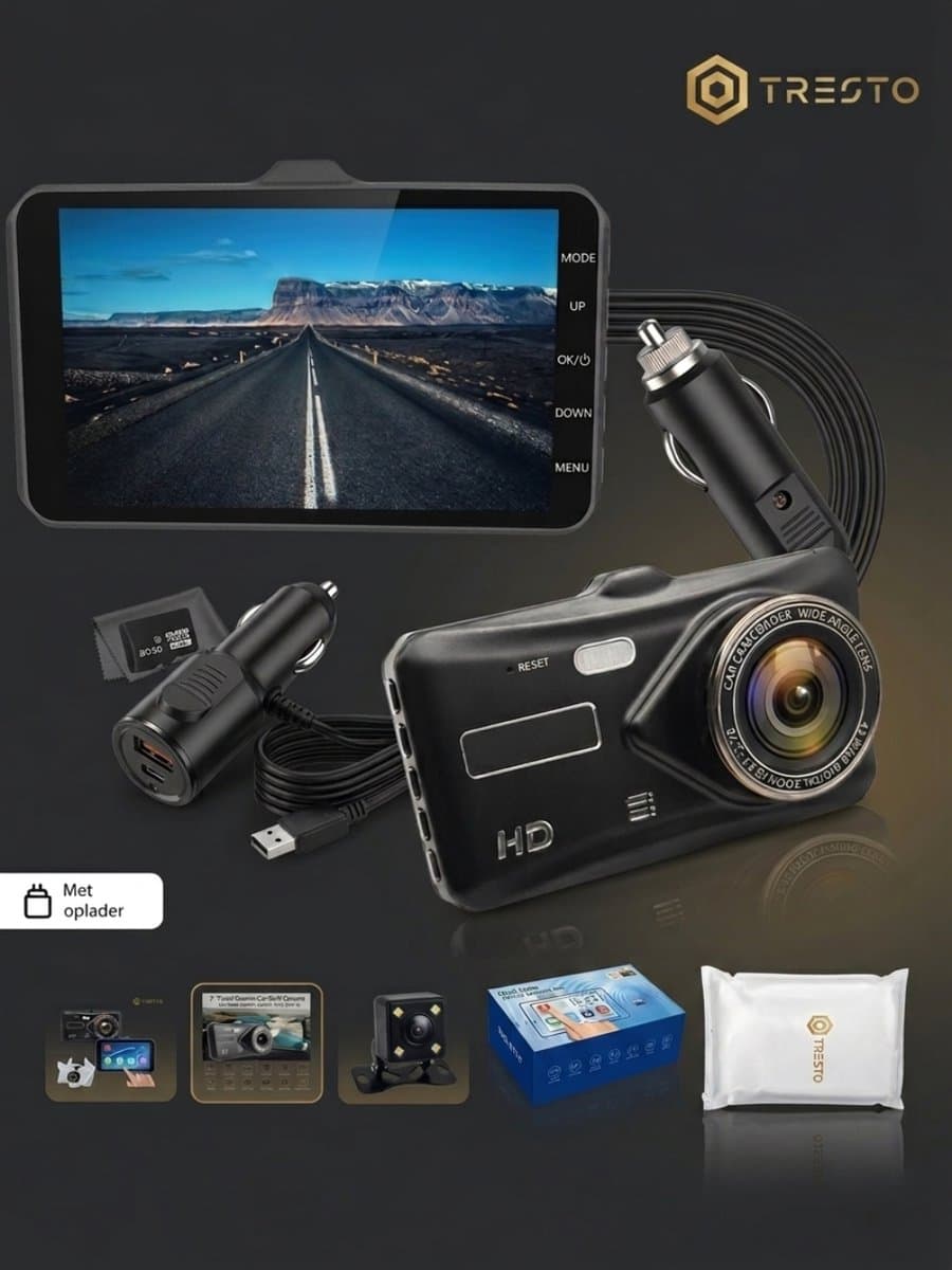 TRESTO - Dashcam 4K Camera – 4 inch Touchscreen – Dashboardcamera – Full HD 1080p – Loop Recording – Nachtvisie – Bewegingssensor – G-sensor – Autocamera Voor én Achter - voor auto