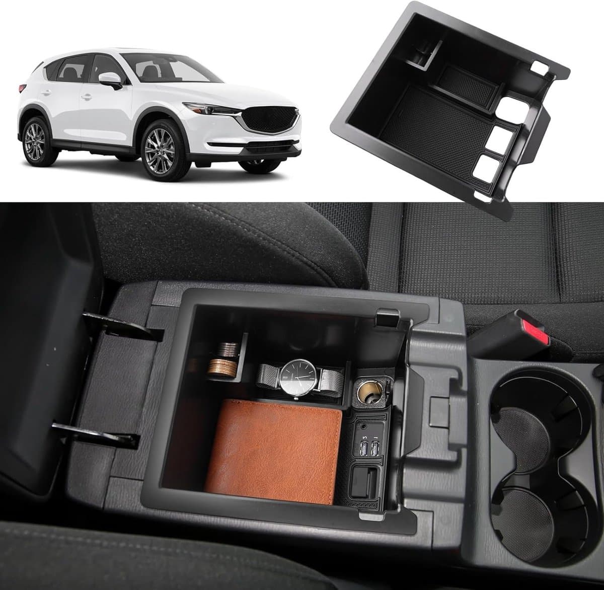 Praktische Opbergbak voor Center Console van Mazda CX-5 2017-2024, Armsteun Organizer en Handschoenenkast met Antislip Mat, Zwart