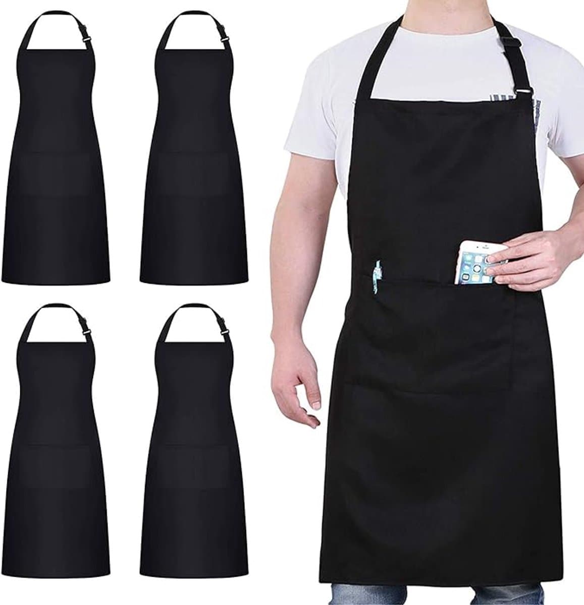 OLOEY Set van 4 Chef-schorten met 2 zakken-Waterdichte-verstelbare schorten voor dames en heren-Professionele schorten-ideaal voor in de keuken-(koken-bakken)-tuinieren-restaurants en de BBQ