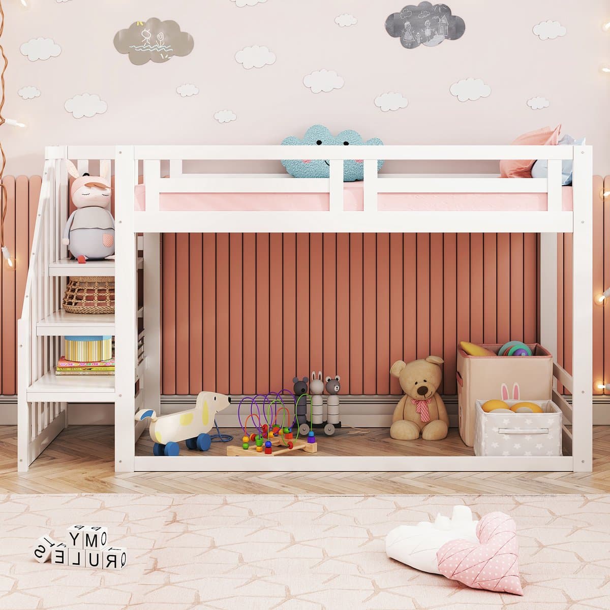 VVBV Kinderstapelbed 90x200 cm - Lattenbodem, Trap/Ladder, Voor Kinderen/Tieners - Massief Hout Wit