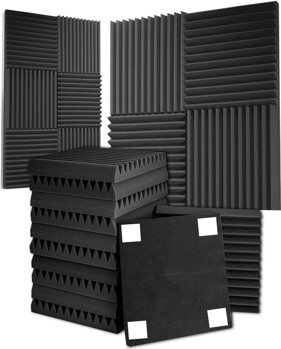 What's Goods - Akoestische foam panels 29kg/m3 30x30x5cm Set x12 tegels - Muur studio noppenschuim absorptieplaten / geluidsisolatie panelen zwart + 48x bevestigingstickers