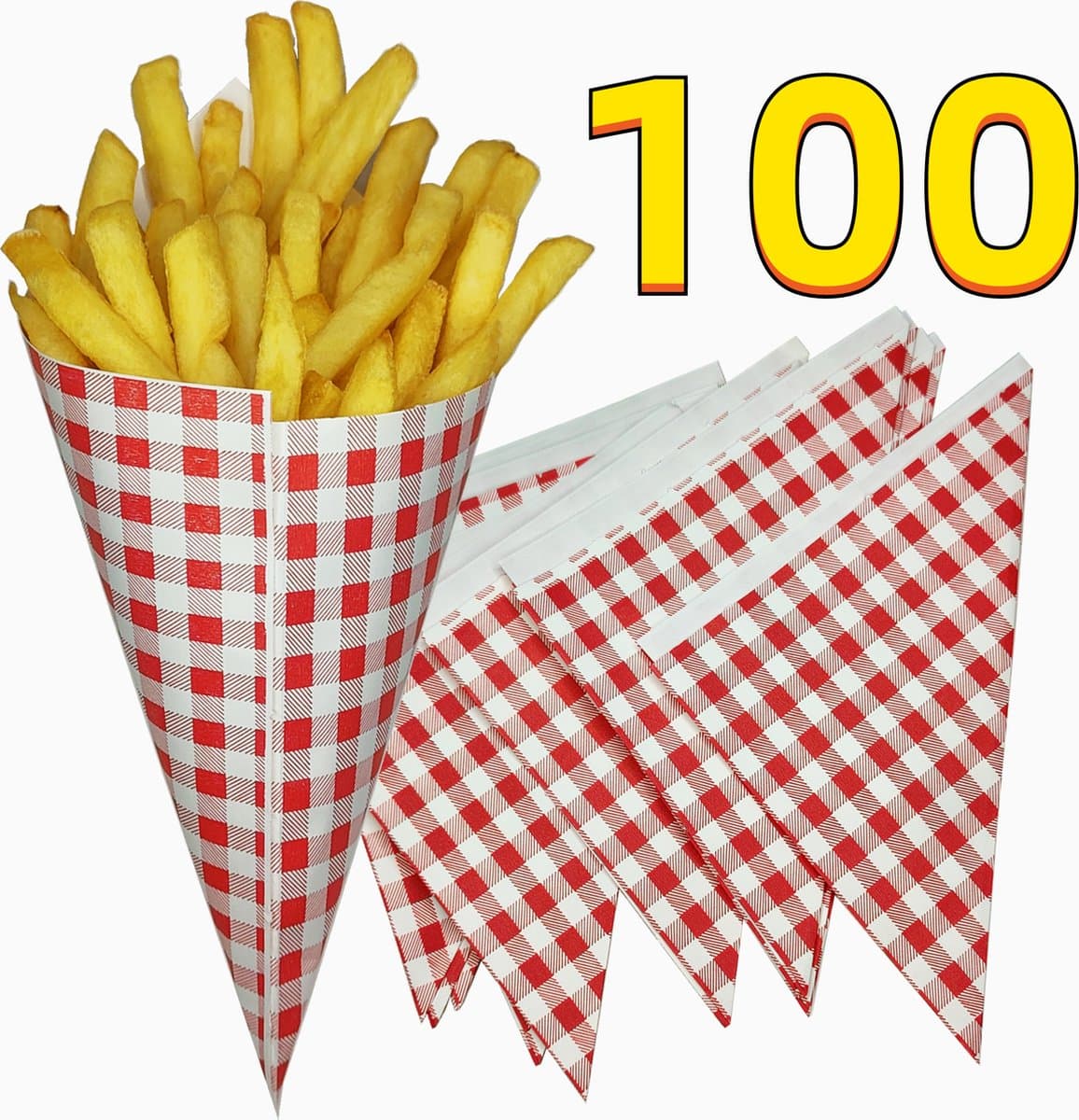 Rainbecom - 100 stuks - 21 x 21 x 30 cm - Frietszak - Patatzak - Puntzakken - Frietszakjes - Papieren Frietzak