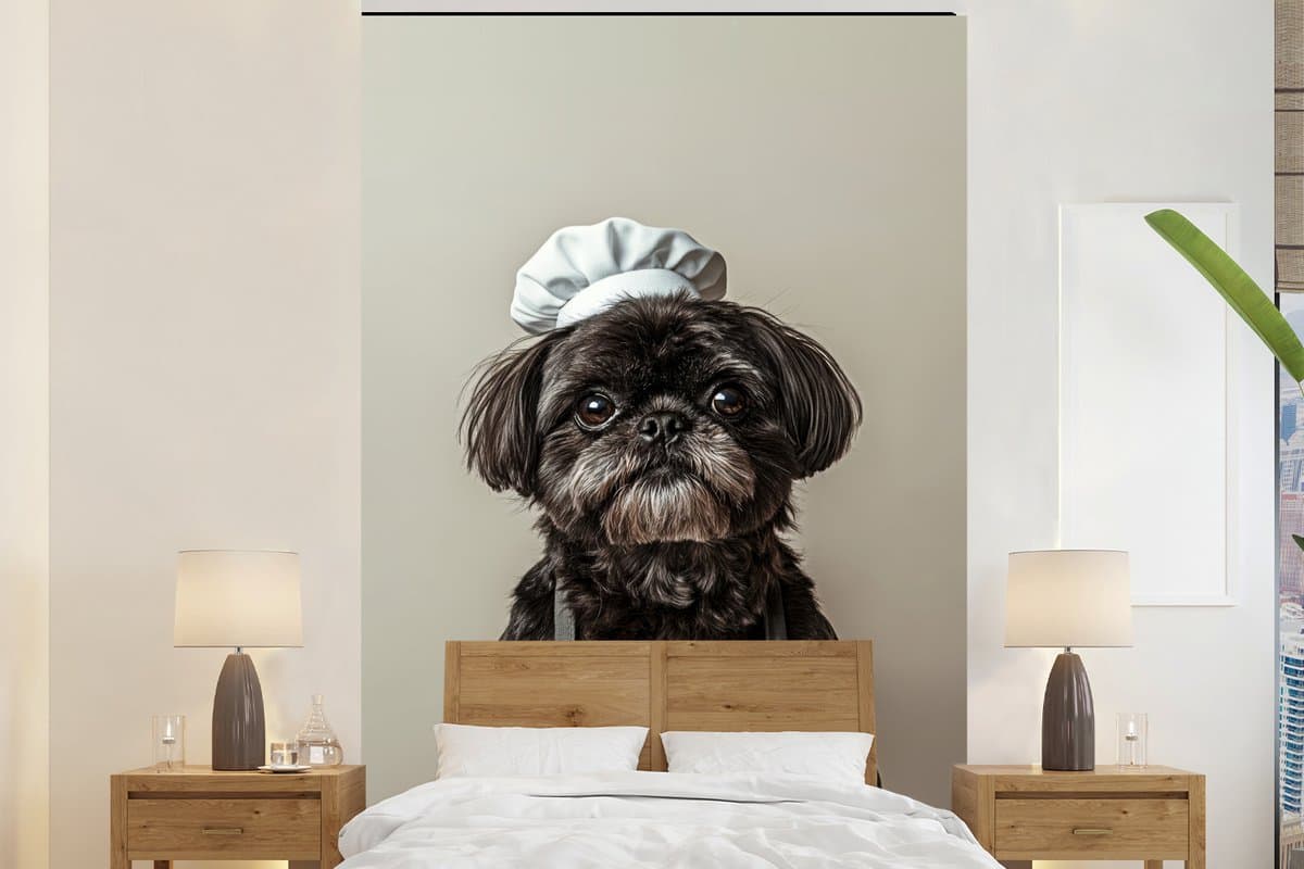 Behang - Fotobehang Kokskleding - Zwart - Hondje - Breedte 200 cm x hoogte 300 cm