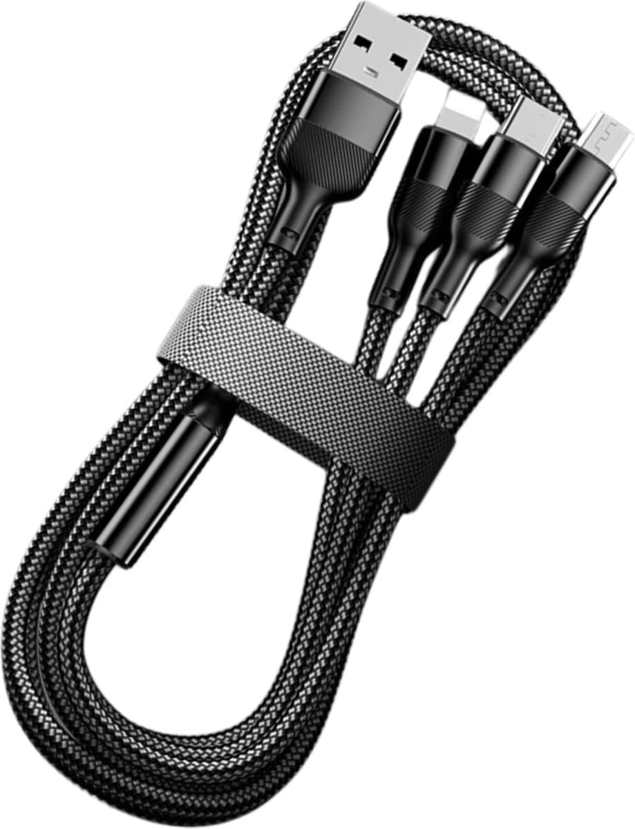 Grey Fox 3 in 1 USB Oplaadkabel - USB C Micro en IP - Snellader - Datakabel - 1.2 Meter - Zwart