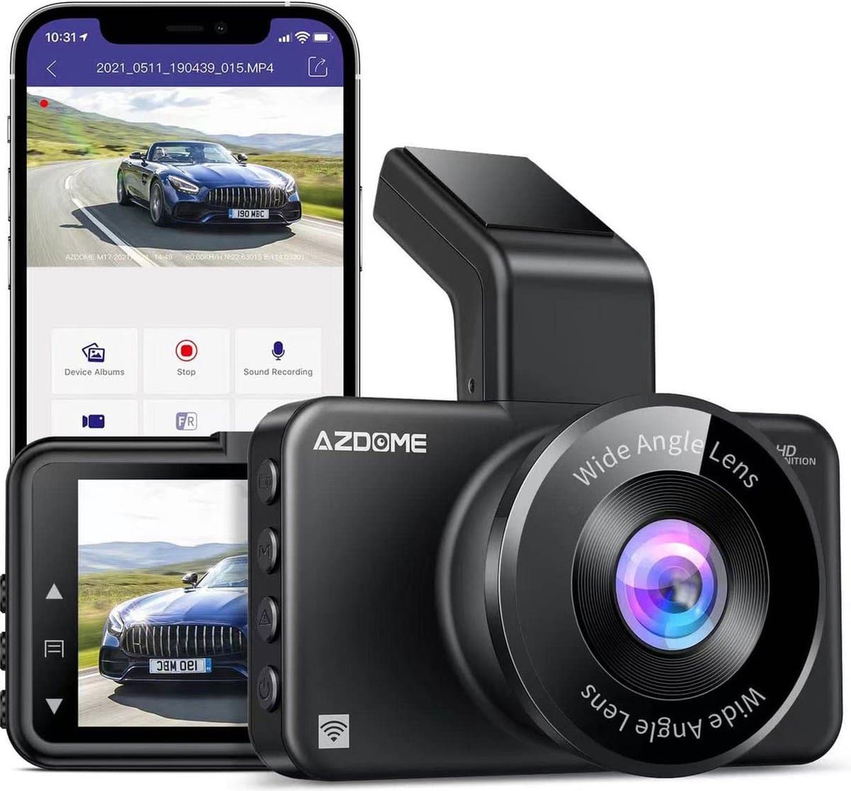 AZDome M17 Pro Wifi 1CH Full HD dashcam voor auto - Full HD video - Parkeermodus - 2,45 inch LCD - 128gb Micro SD ondersteuning