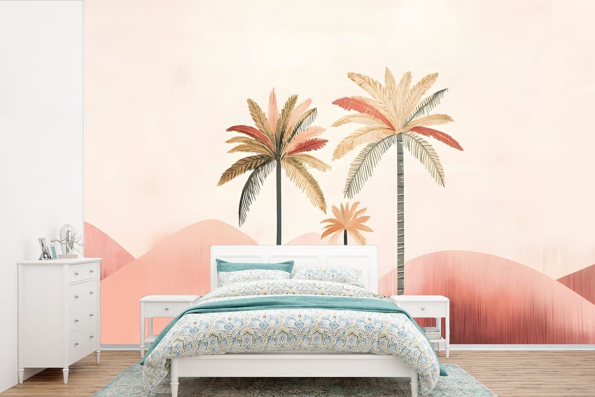 Behang - Fotobehang Palmbomen - Heuvels - Minimalistisch - Zachtroze - Breedte 600 cm x hoogte 400 cm