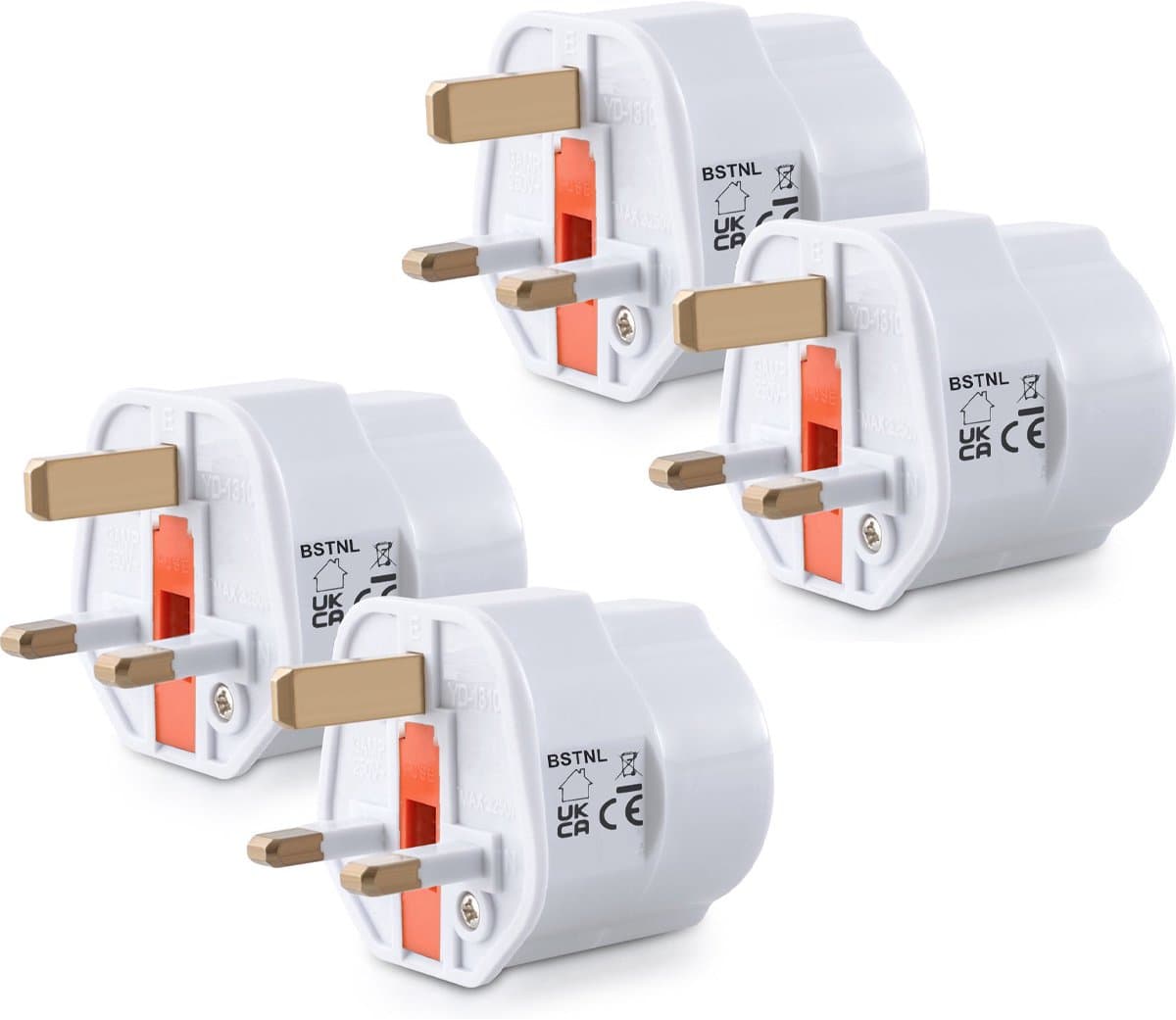 BSTNL 4x Reisstekker type G - Ideaal voor reizen in Engeland, Ierland, Schotland, Malta, Dubai, Singapore, Hong Kong en Maleisië - Fireproof - Vakantiestekker in wit
