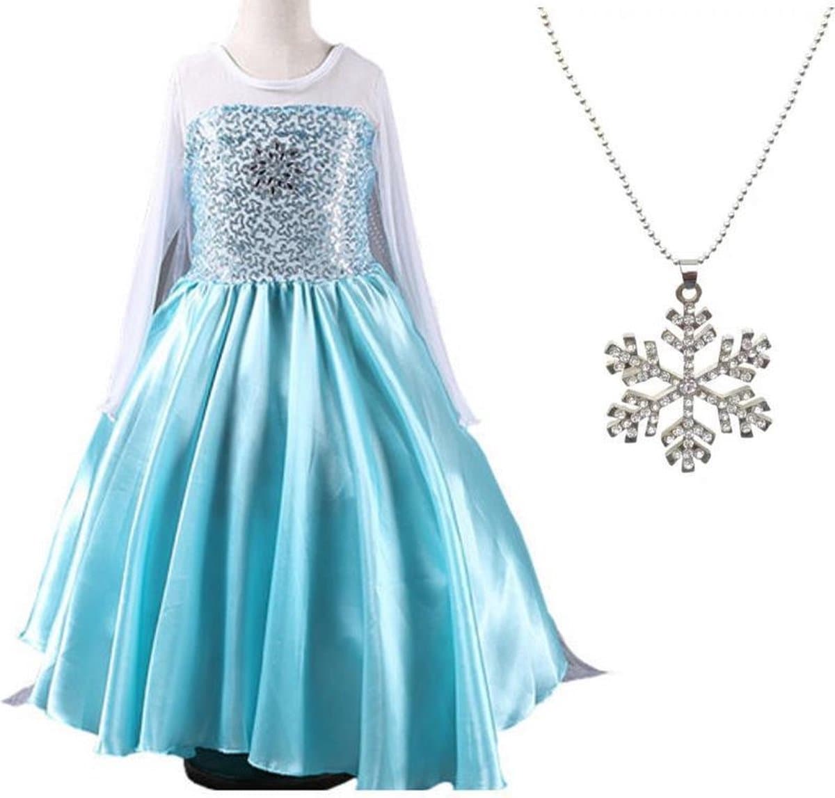 La Señorita Elsa jurk Ster 140 met sleep + Ketting maat 134-140 Prinsessenjurk meisje blauw Verkleedkleren meisje